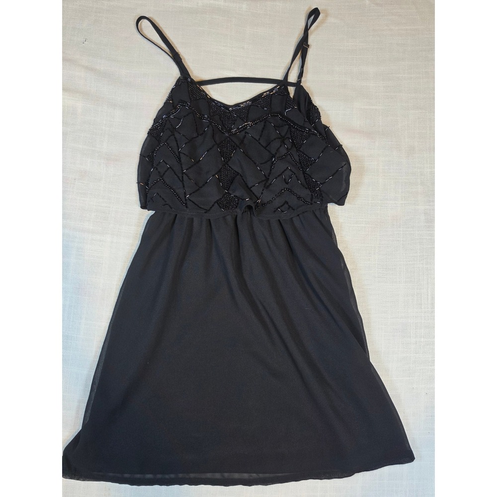 Forever 21 Black Beaded Overlay Mini Dress Sm Adjustable Straps Scoop Back Party